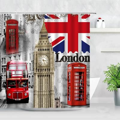 London Street View Shower Curtains Big Ben Red Phone Booth Bus Printing Retro Wall Decor Cloth Screen Hooks Bathroom Curtain Set