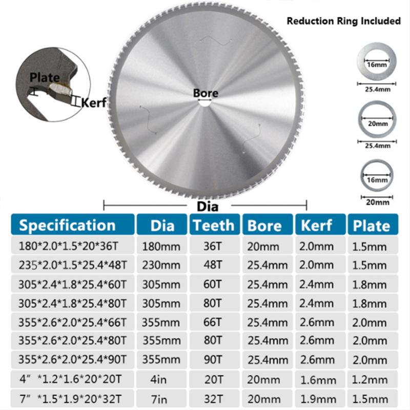 1pc Metal cutting blade disc 136/165/180/235/305/355mm carbide circular saw blade 30T-80T for steel circular metal cutting blade