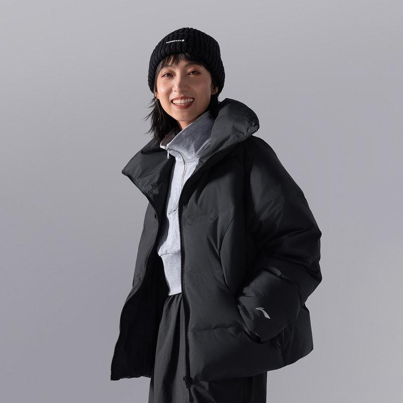 Chaqueta Corta de Plumón Li Ning CF Suo Terciopelo Rojo Cómoda Versátil Cálida Cortavientos Resistente al Agua Chaqueta de Mujer Negra AYMU472-4