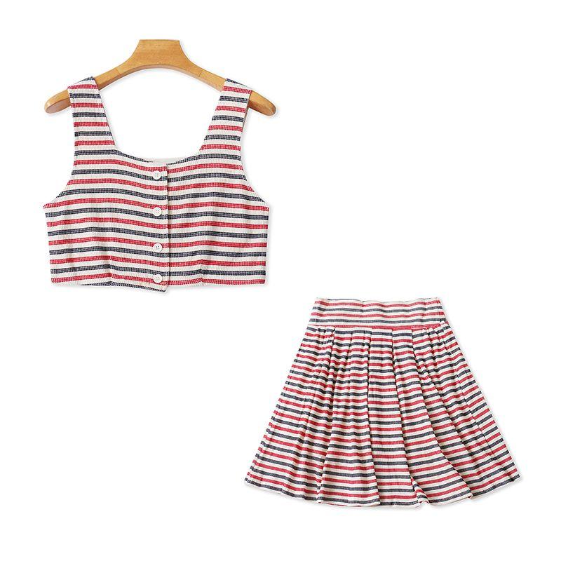 

Вафельный хлопковый полосатый костюм Жилет с открытым животом + Юбка с высокой талией Летняя новинка Женская одежда для внешней торговли 31611 Red bar A- 4-6-1 All yards