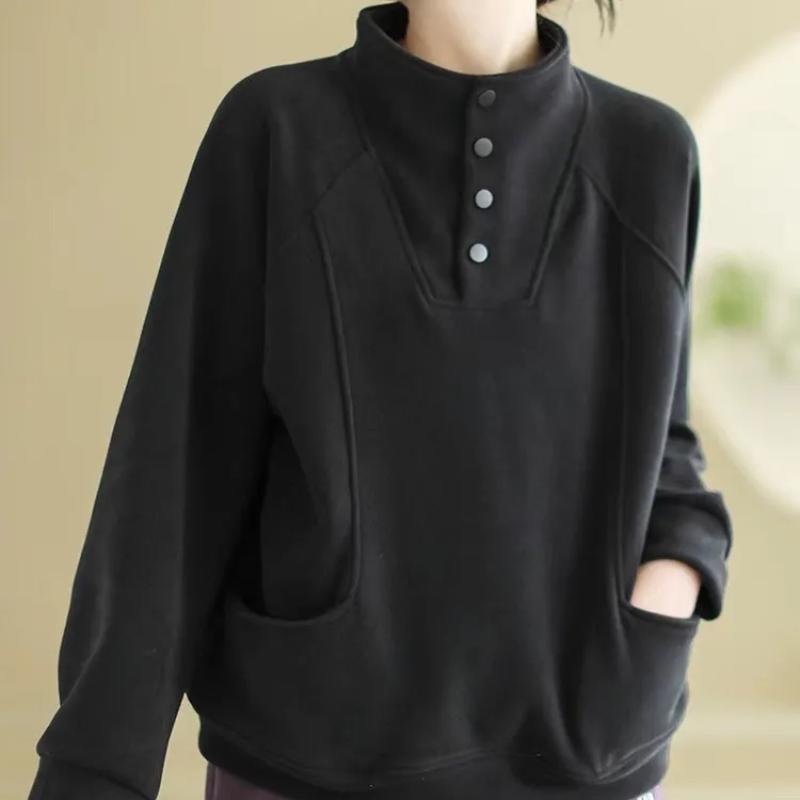 German Velvet Half Turtleneck Buttoned Thermal Sweatshirt for Women Loose Korean Versatile Design Pocket Splicing Top