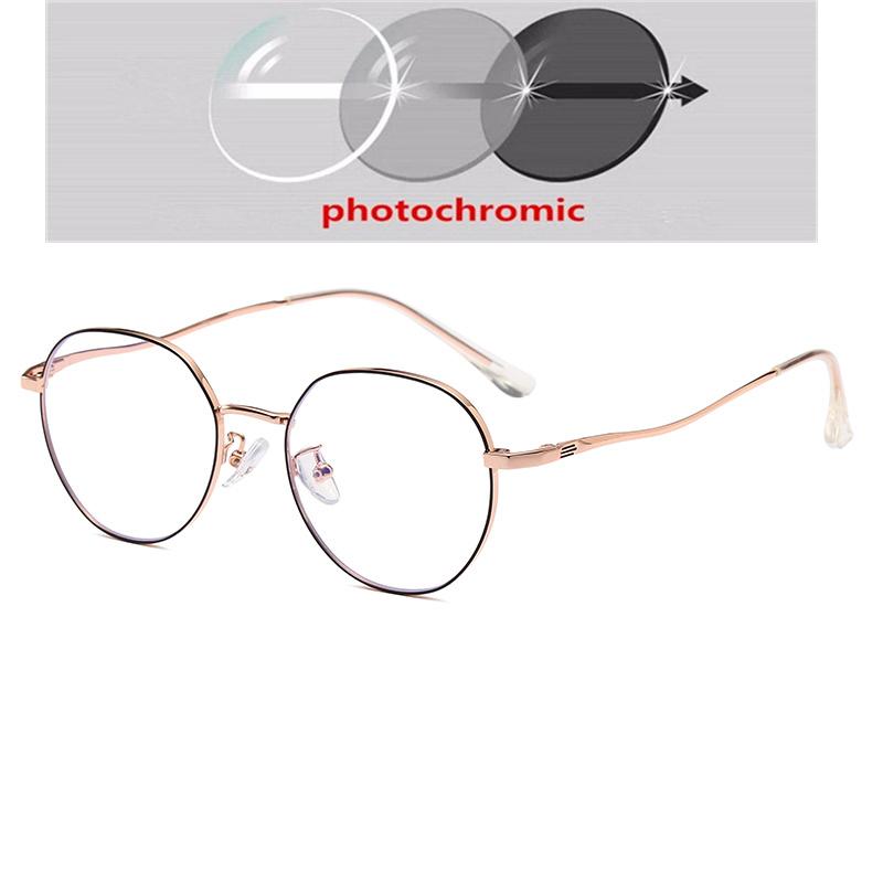 Diopter 0 -0.5 -0.75 Up To -6.0 Alloy Metal Female Male Blue Light Blocking Polygon With Prescription Spectacles Myopia Photochromic Eyeglasses