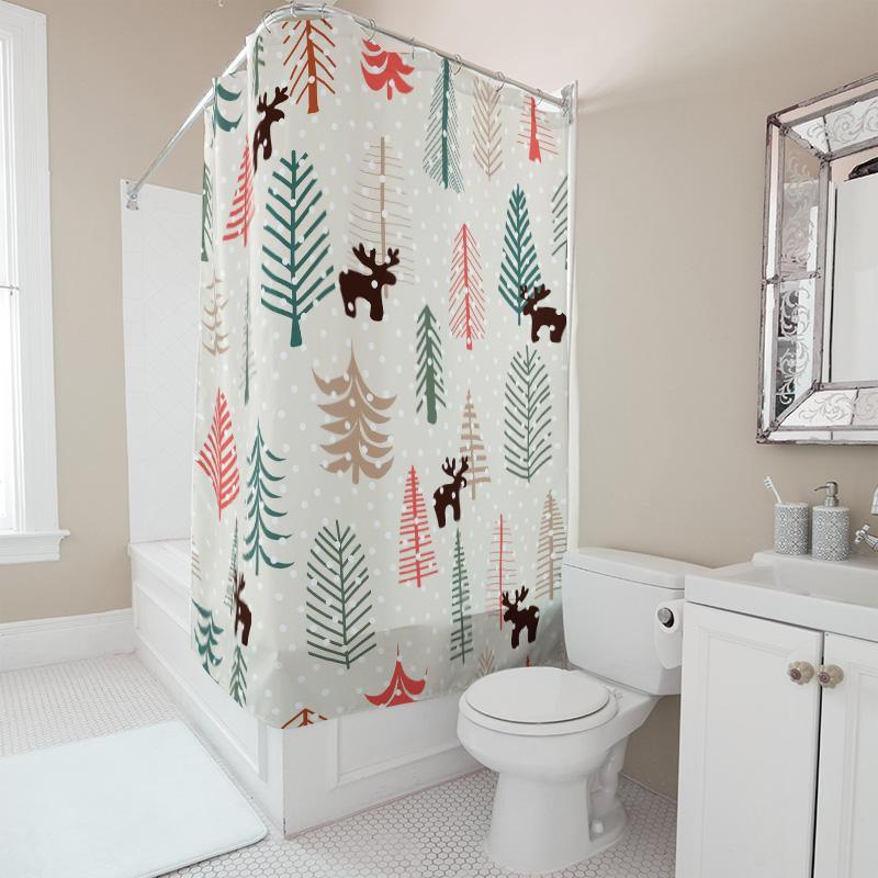 TU Christmas Forest Shower Curtain Woodland Trees Holiday Backdrop Nature Bathroom Decor Festive Deer Pattern Washable Fabric