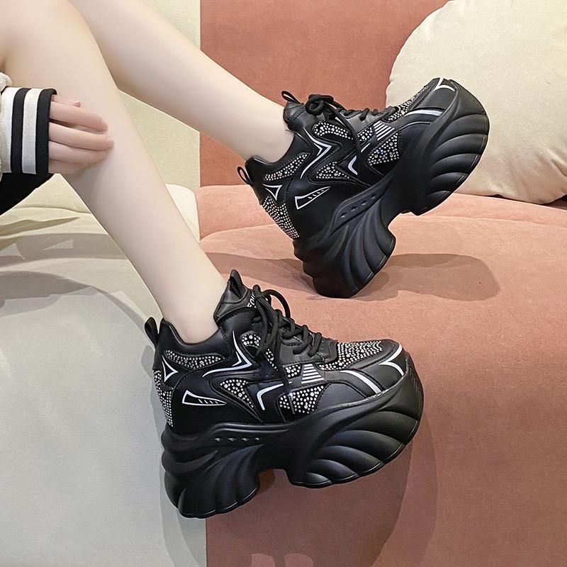 Fashion 10CM Heels Chunky Sneakers Spring Autumn Women Thick Leather Shoes Comfortable Casual Leather Shoes Fashion Bling Leather Shoes