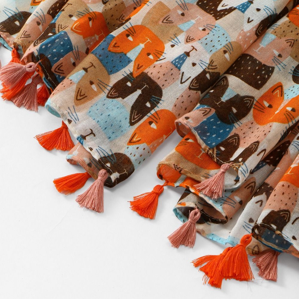 Bohemian Cat Pattern Tassel Scarf Large Ethnic Style Wrap Retro Animal Print Scarves  Vacation