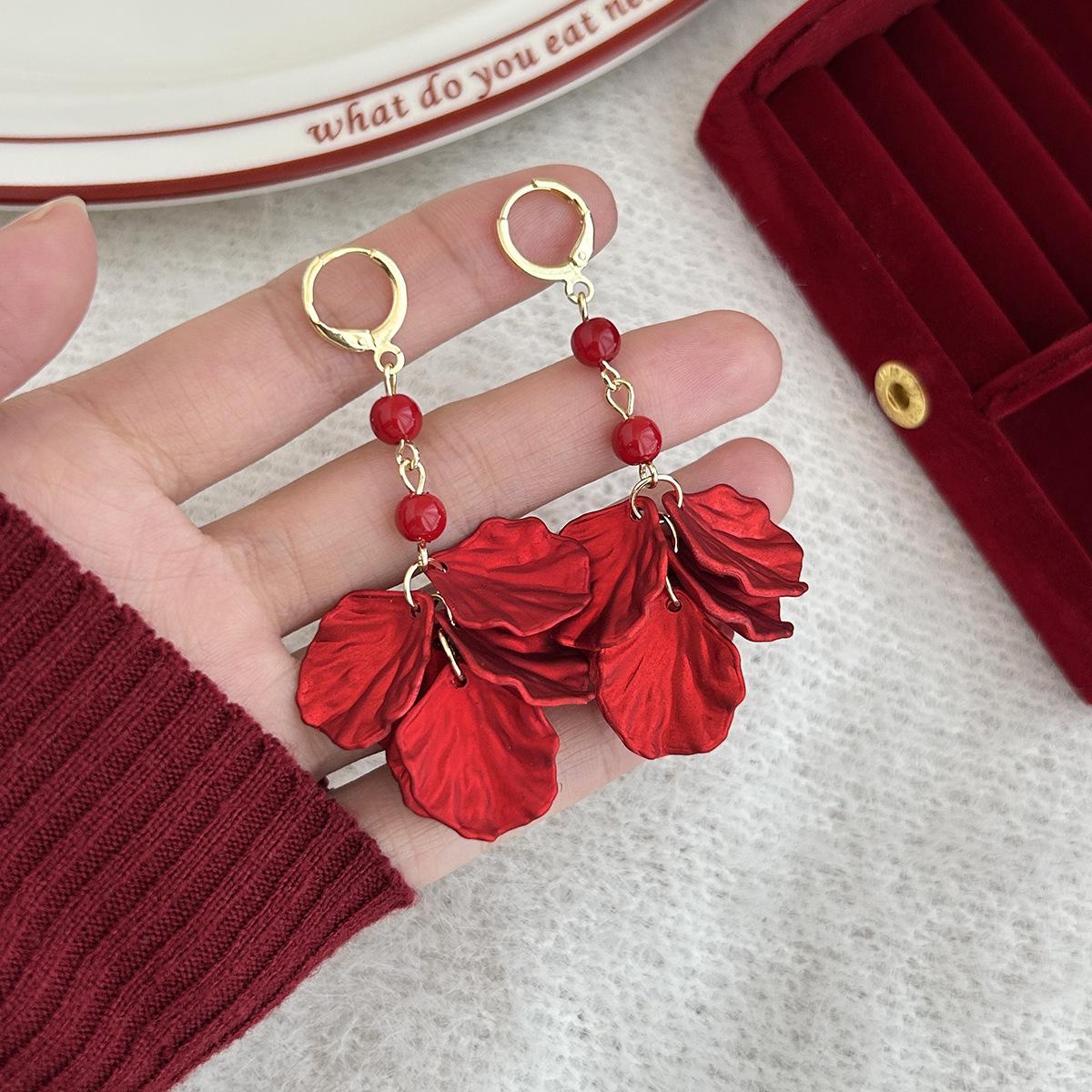 925 Sterling Silver Lightweight Luxury Red Petal Flower Earrings - Festive Geometric High-End Fashion