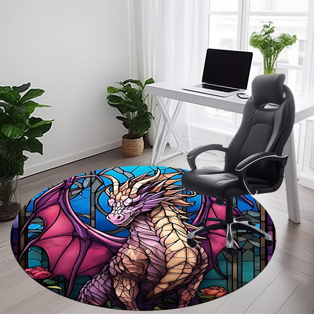 1PC StainedGlass Dragon Office Round Area Rug, Indoor Mat Suitable ForOffice, Under Office Chairs Bedroom Living Room Home Decor, Room Deco,  F033