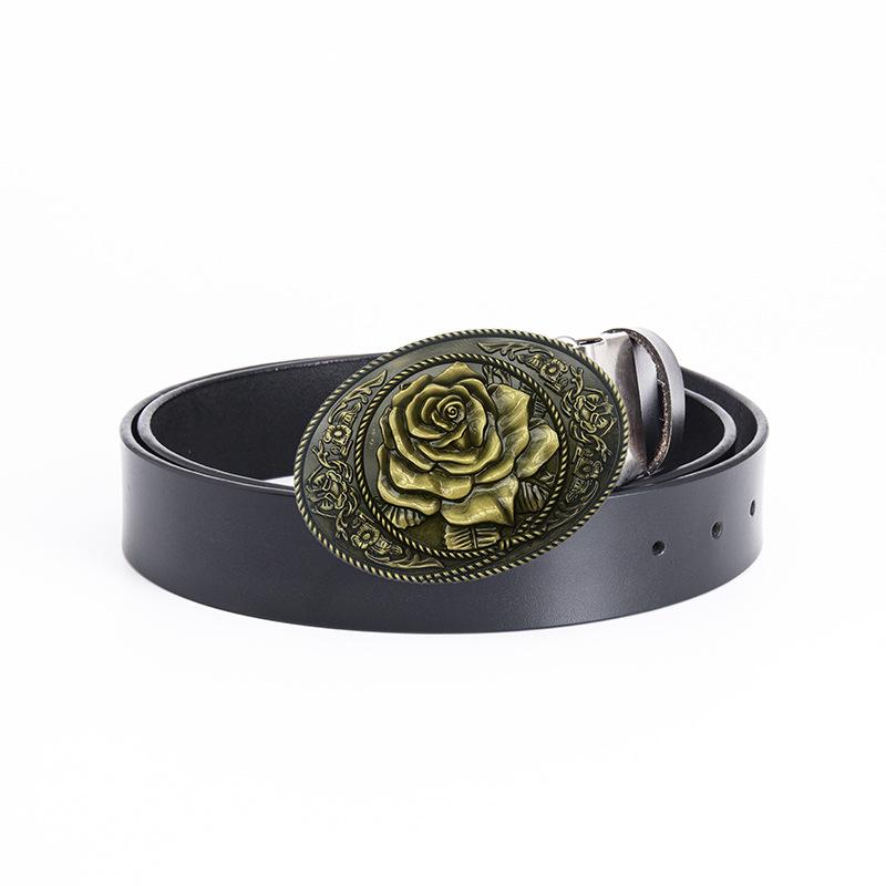 Rose-Shaped Waistband Leather Belt with Floral Pattern - Nightclub Single Loop Pants Accessory
