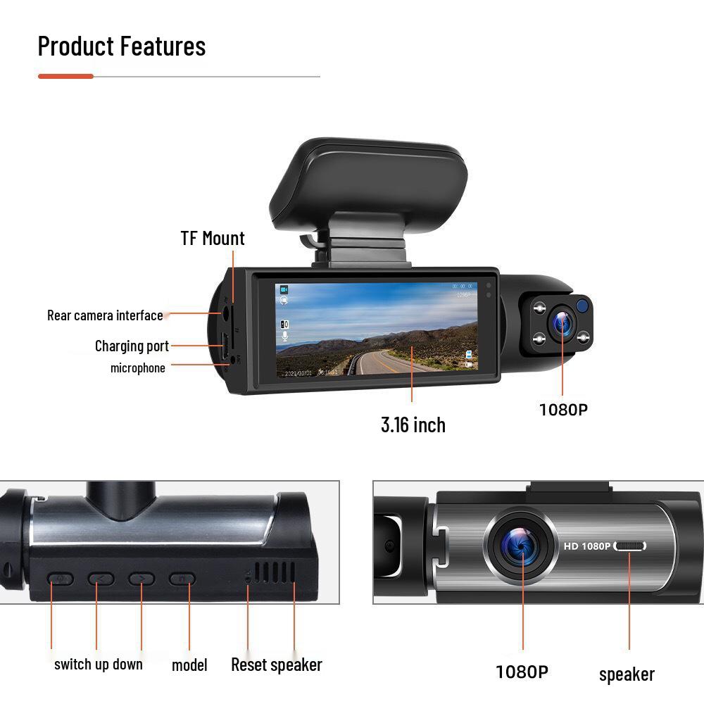 1080p HD Dash Cam with Night Vision & WiFi - 3.16" Triple Lens Car Recorder
