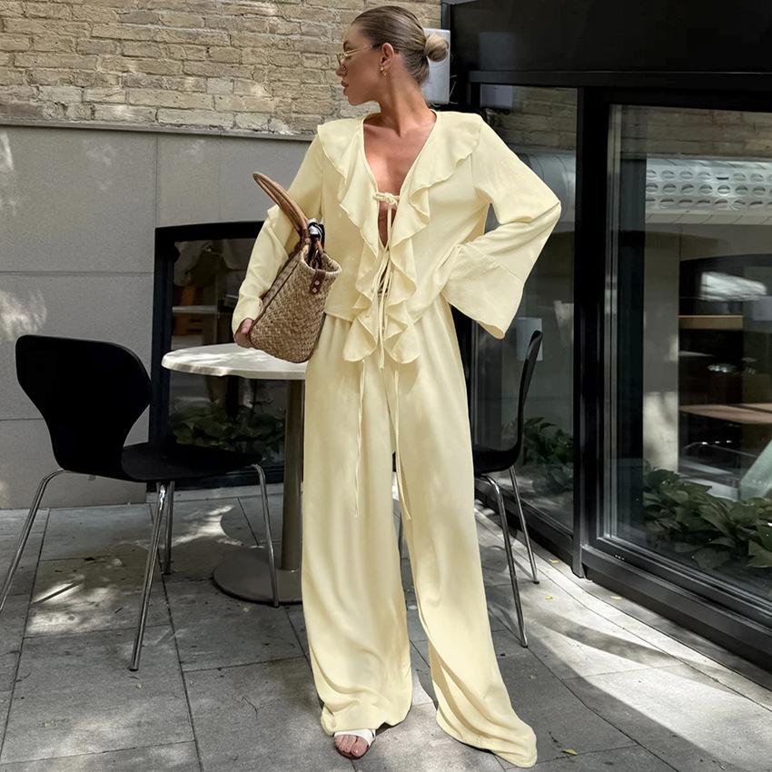 Design sense autumn new V-neck ruffle edge long-sleeved shirt high waist wide leg pants two-piece set 1116 fashion Europe and America
