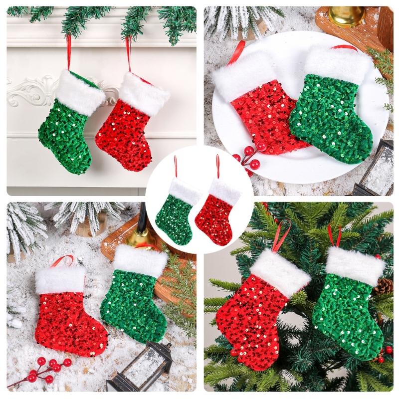 10Pcs Festival Gift Holders Fireplaces Decoration Sparkling Sequins Christmas Stockings with Plush White Rims Decors