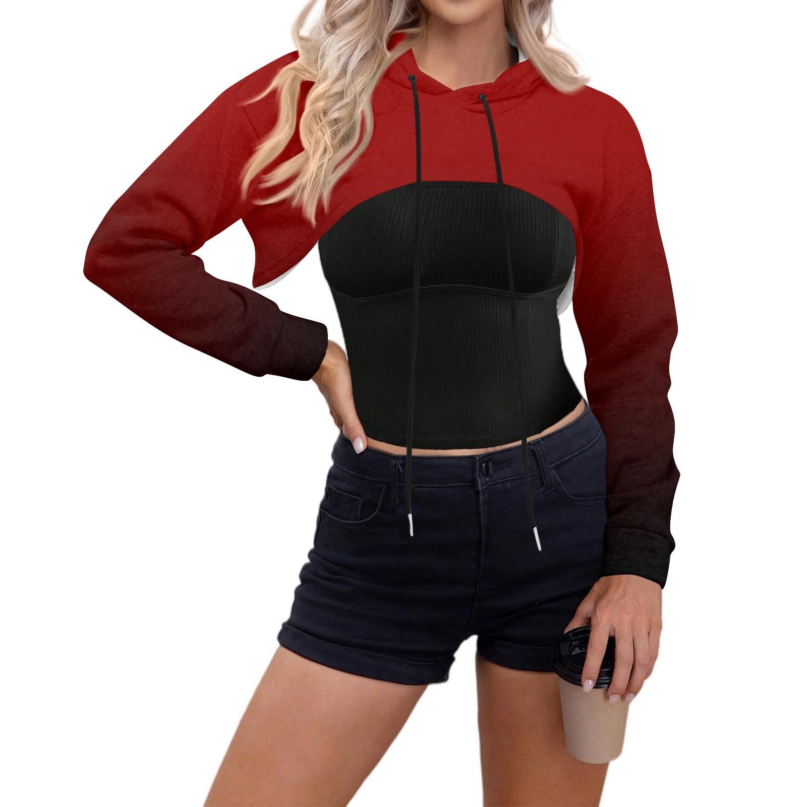 

Женский топ-пуловер, ультракороткая толстовка с принтом, длинный рукав, толстовка с капюшоном и завязками L винный