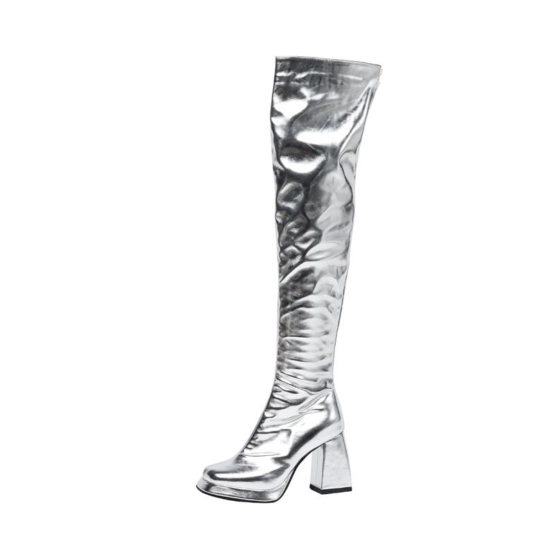 

Plus Size Metal Gold Microfiber Women s Over The Knee High Boots Square Toe Platform Ultra-High Thick Heel Zipper Long Boots 34 срібний