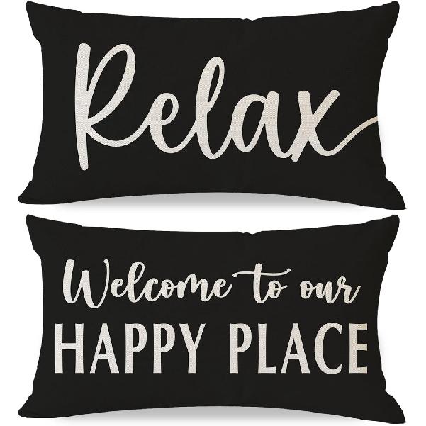 Welcome to Our Happy Place Relax Decorative Throw Pillow Covers 12x20 Inch Set of 2 Orange Outdoor Farmhouse Spring Fall Decor Lumbar Cushion Case