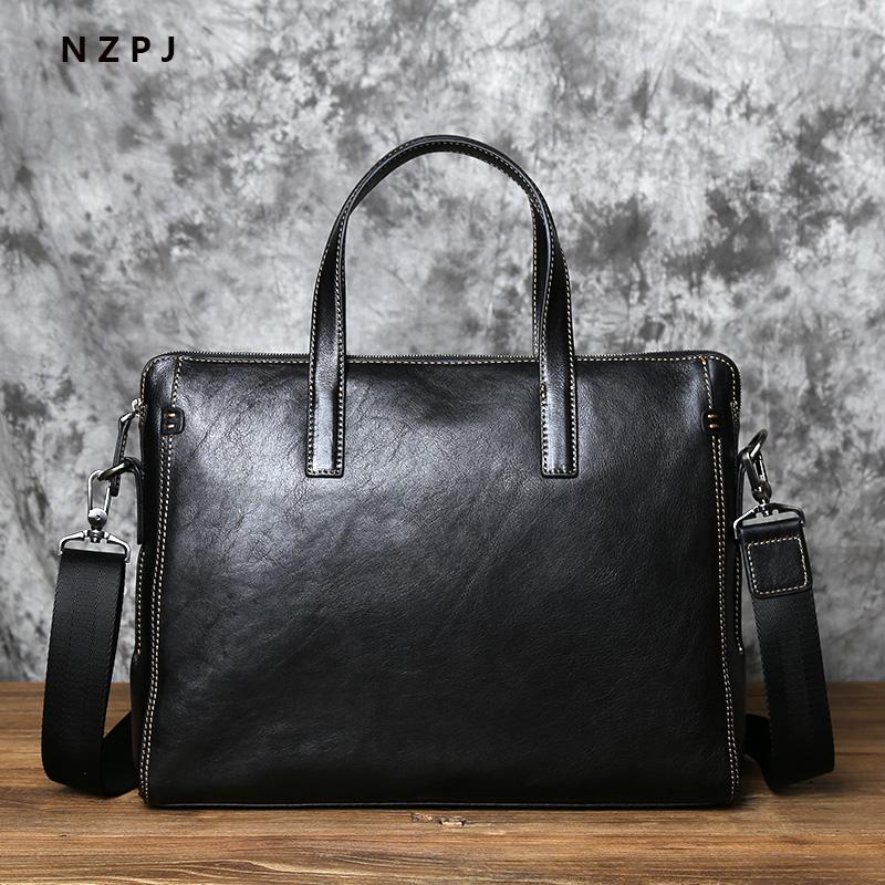 

NZPJ Men Leather Handbag First Layer Cowhide Business Computer Bag Large-capacity One-shoulder Messenger Bag for 14 Inch Laptop чёрный