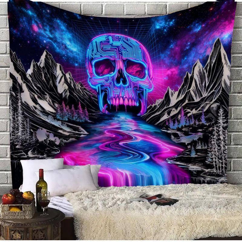 VIKAMA UV Colorful Flame Skull Tapestry Psychedelic Starry Sky Gothic Skull Wall Hanging Bedroom Dormitory Party Decoration