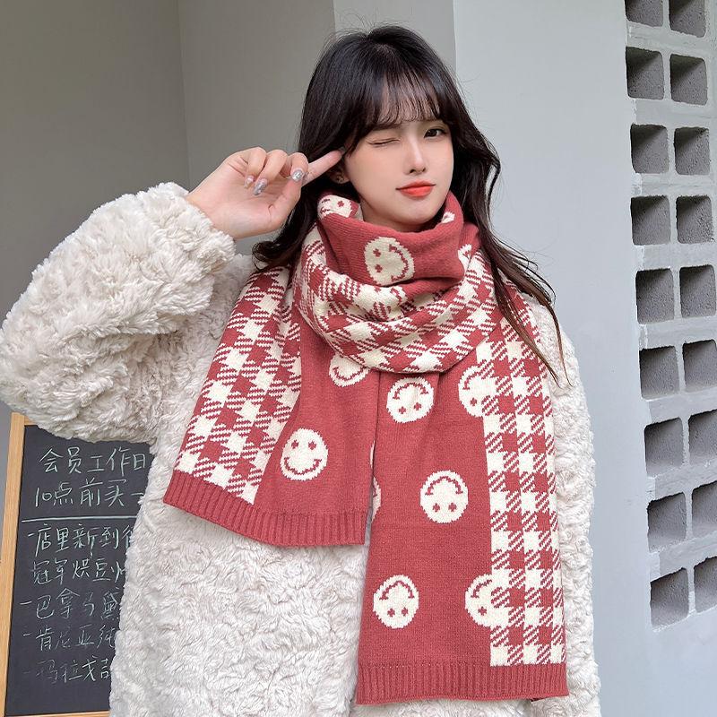 

Houndstooth Smiley Face Knitted Scarf for Women Winter Korean Version Versatile Ins Trendy Thickened Warm Student Woolen Scarf for Men 36*185cm