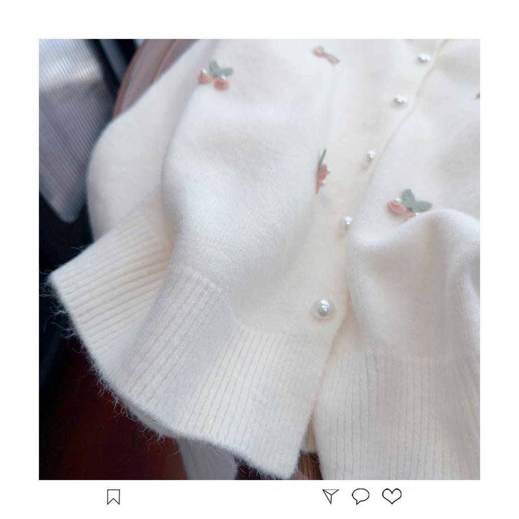 French Sweet Cherry Embroidered Pearl Sweater Knitted Cardigan Top for Women