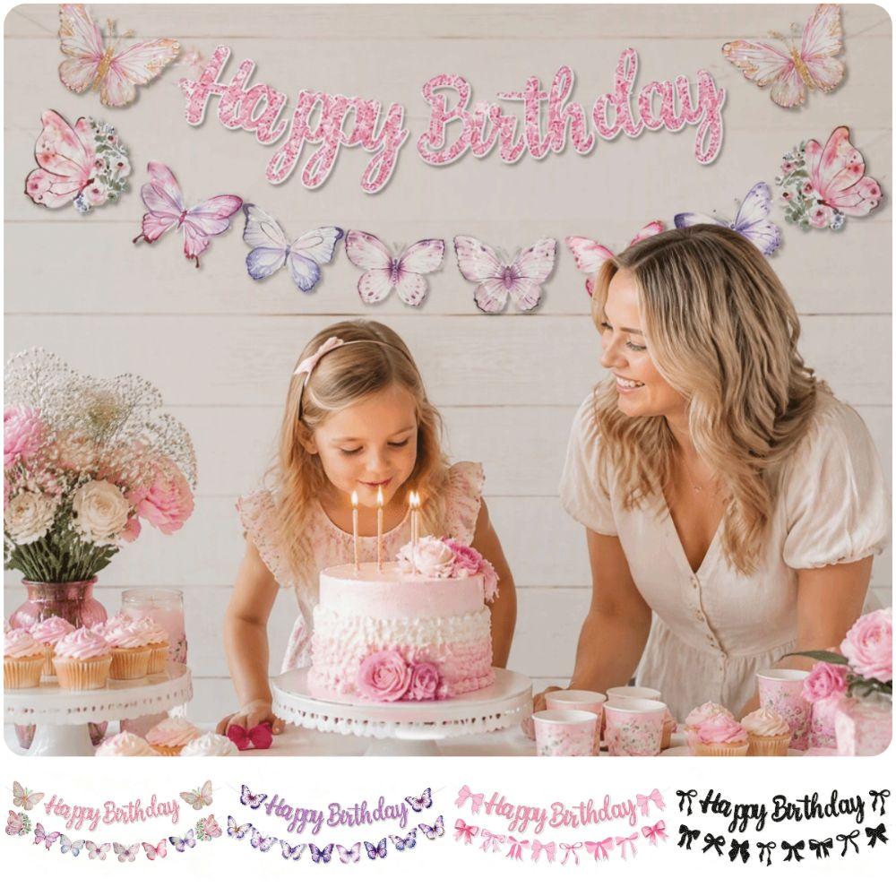 Butterfly Bowknot Flower Butterfly Garland Cartoon Wall Hanging Banner Birthday Party