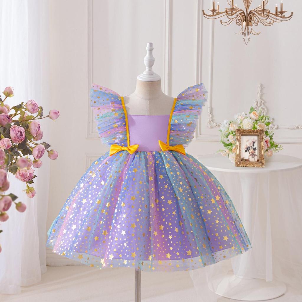 Children's Princess Dress Set with Seven-Color Wing Sleeves, Starry Mesh, and Fluffy Ball Gown