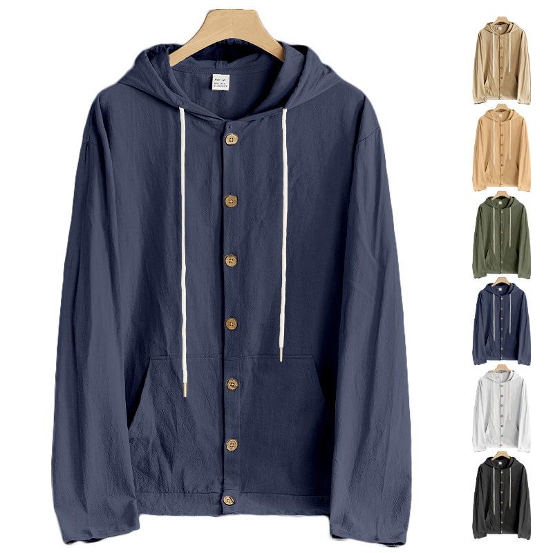 Men's Cotton Linen Button Hooded Shirt Loose Casual Long Sleeve Beach Resort Jacket