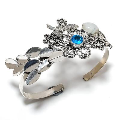 Natural Rainbow Moonstone,Topaz Stone 925 Sterling Silver Cuff Bangle Adj. H0k50