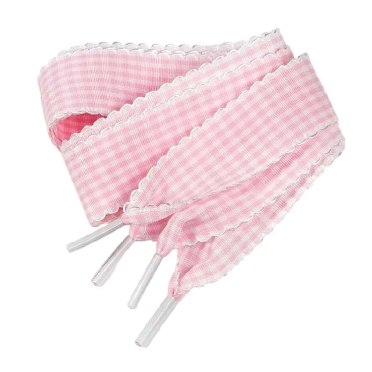 Gingham Ribbon Shoelaces with Lace Trim for Trainers and Canvas Pairs, Flat Decorative Laces for Daily Styling