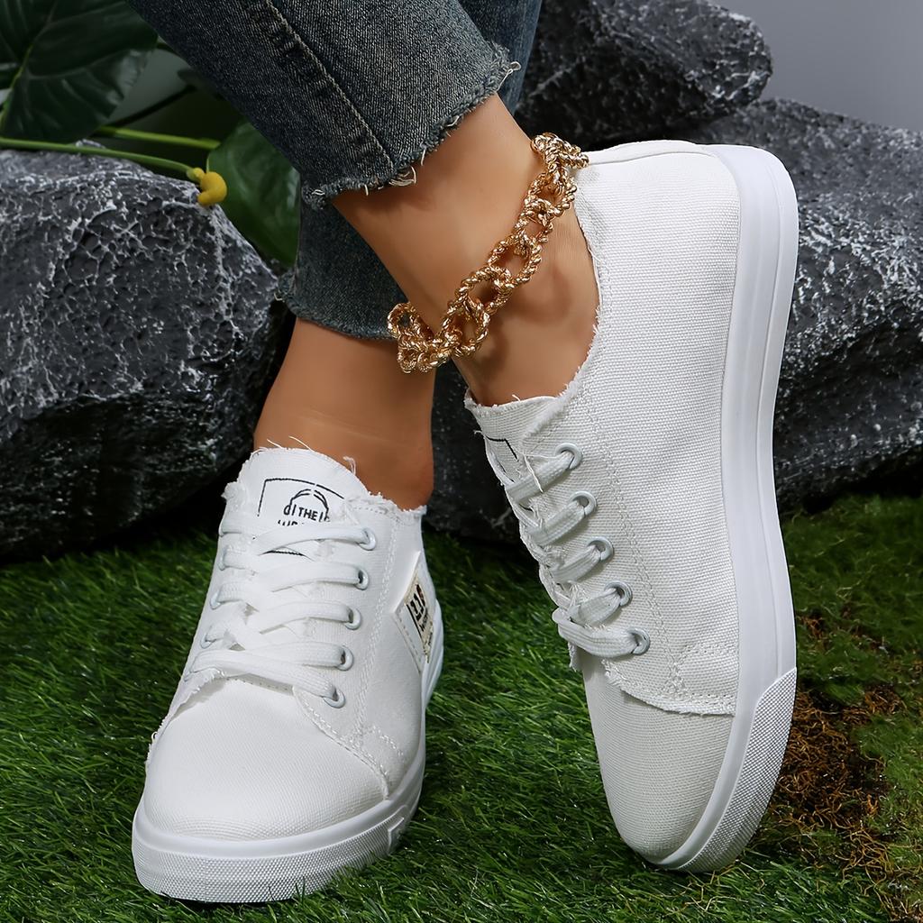 Women's Solid Color Canvas Shoes, Casual Lace Up Outdoor Shoes, Lightweight Low Top Sneakers