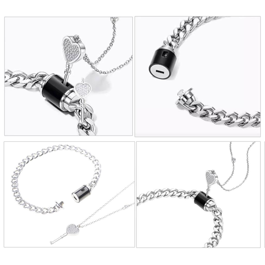 2pcs Metal Chain Bangle Stainless Steel Heart Key Pendant Necklace Fashion Couple Bracelet Necklace Jewelry Gift