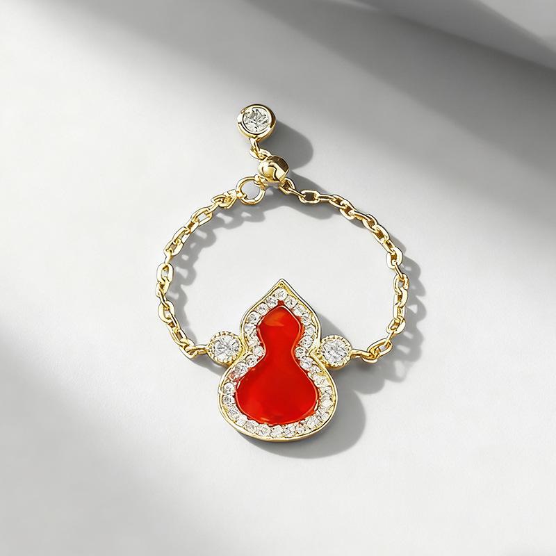 

Xian Can Jewelry 925 Sterling Silver Red Agate Gourd Adjustable Ring - Light Luxury Fashion for European & American Style Adjustable