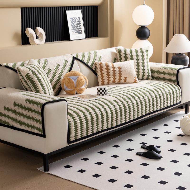 Sofa Cushion  New Thousand Bird Grid Thickened Plush Seat Cushion High-end Non-slip Leather Sofa Cover Winter Cover