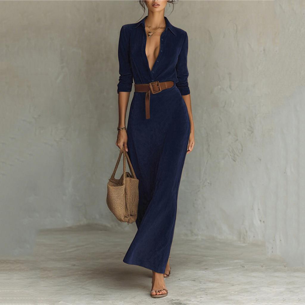 Women's Long Sleeve Lapel Button Suede Wrap Long Dress Warm Casual Belted Dress