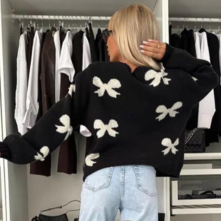 KOSY Sweter kardigan dzianinowy z nadrukiem kokardek Casual Damski sznurowany ażurowy z okrągłym dekoltem i długim rękawem Swetry damskie