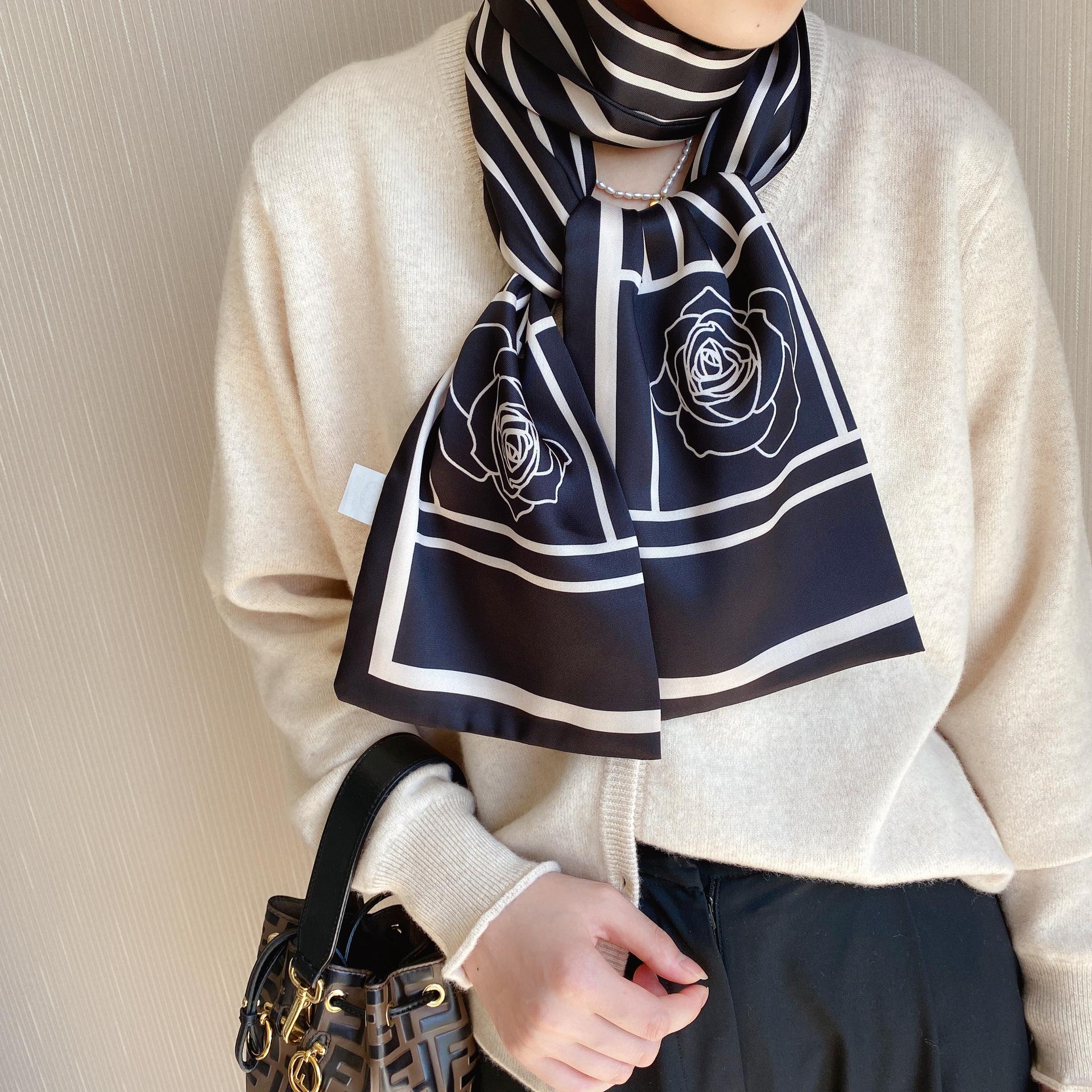 

Новый шарф в корейском стиле в полоску для женщин, тонкий, узкий, длинный, с плоским углом, шарф-лента, повязка на голову, завязывающийся, праздничный подарок 17*150cm