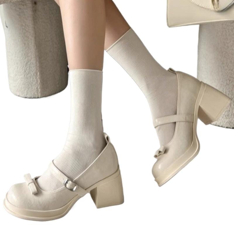 Hot Selling New Fashion Bow Mary Janes Women's Fashion Round Toe Shallow Mouth Platform Non-Slip Block Heel Single Shoes