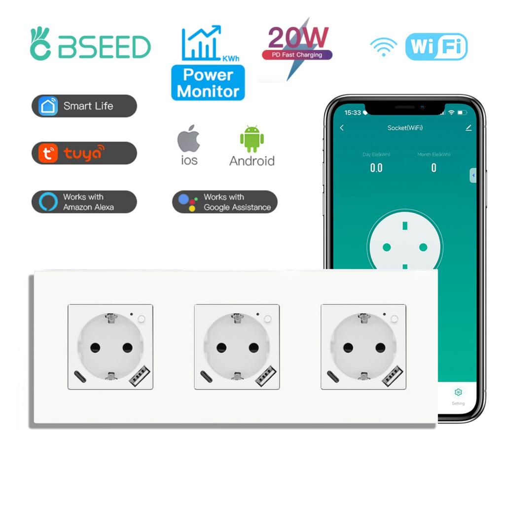 BSEED Wifi EU Socket With Normal Type-c USB Fast Charging Ports Smart Sockets Support Tuya Smart Life Alexa App Plastic Frames