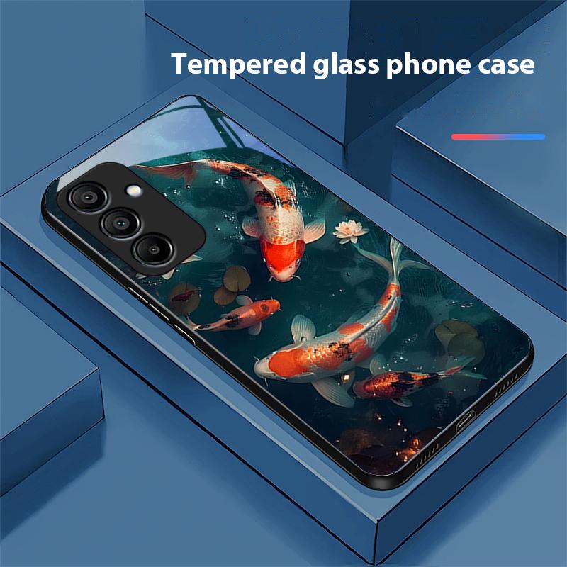 Chinese Wind Fish For Samsung Galaxy A15 5G 54 4G 51 50 24 35 90 71 12 51 53 52S 80 22 34 Black Tempered Glass Phone Case