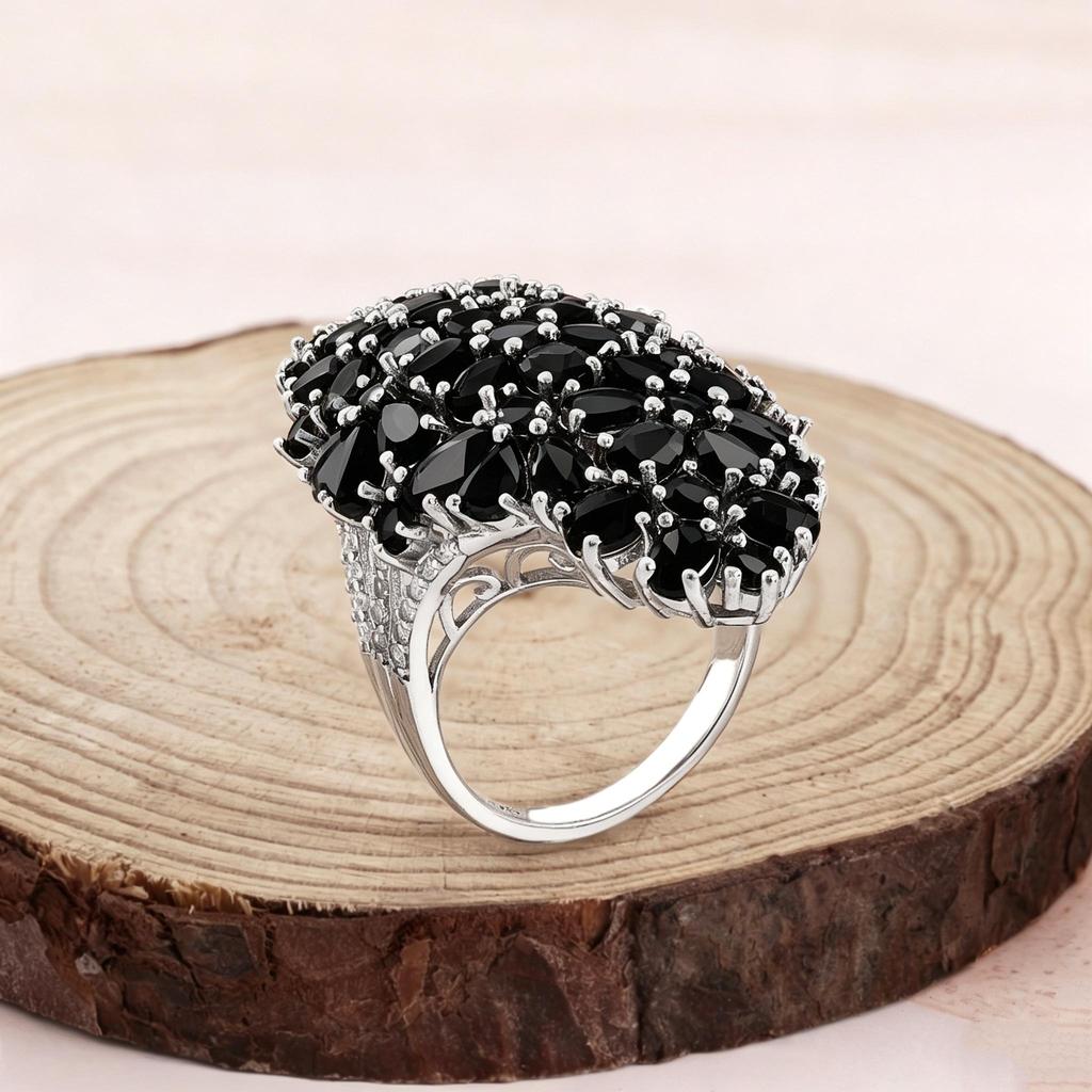 925 Sterling Silver big ring Natural Blk spinel elegant and noble for women's anniversary & banquet & engagement gift
