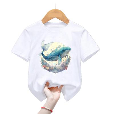 Camiseta estampada de tubarão aquarela para meninas/meninos, presente de aniversário, roupas infantis, camiseta kawaii, moda verão, camisetas, tops