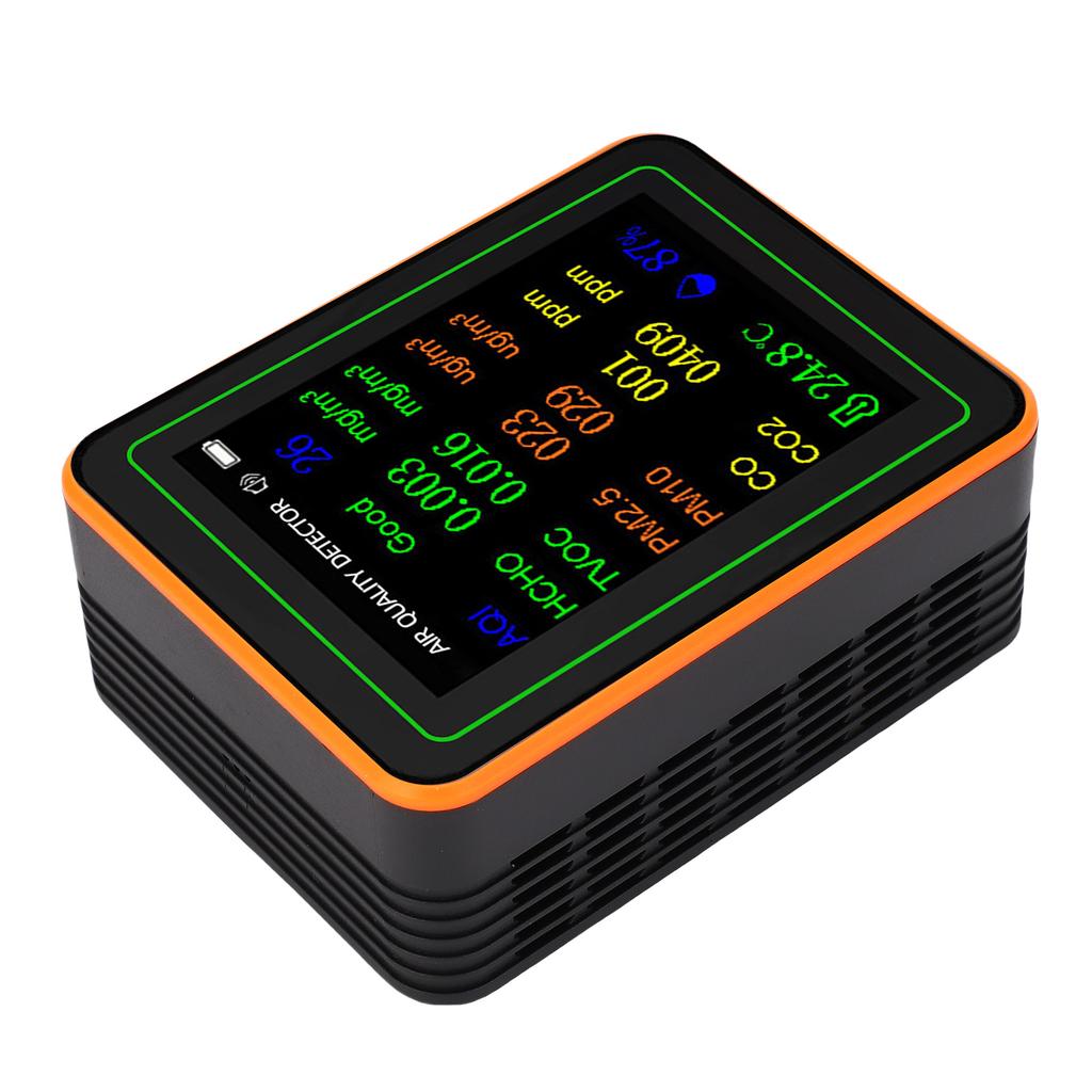 Air Quality Detector Index CO2 TVOC HCHO PM2.5 PM10 Temperature Humidity Tester TFT Color Display Curve Viewing Black