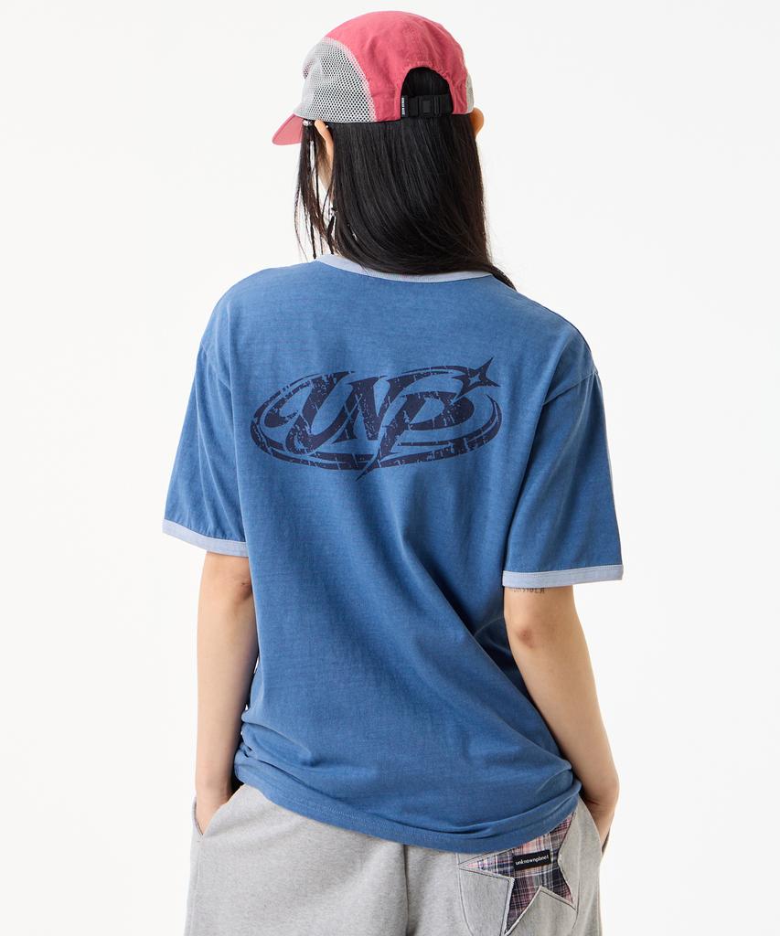 UNKNOWN PLANET [Unp] Pigment-Dyed Graphic Ringer T-Shirt Blue