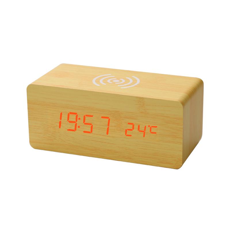 Smart Wooden Desk Clock with Wireless Charging, LED Display, Voice Control, and Silent Alarm