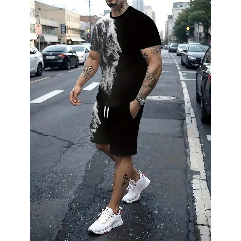 Lion Graphic Print T-shirt Shorts 2-piece Set Men's Short Sleeve Drawstring Waist Shorts Set Breathable Men's T Shirts Clothing