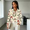 Women's Casual Christmas Print Long Sleeve Button Down Shirt with Lapel Collar and Side Slits