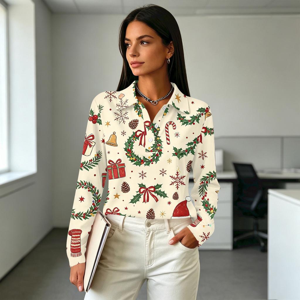 Women's Casual Christmas Print Long Sleeve Button Down Shirt with Lapel Collar and Side Slits