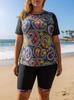 European & American Plus-Size Russian Slimming Two-Piece Swimsuit: Women's Sun-Protective Paisley Vest with Short-Sleeve Top and Printed Boxer Briefs.
