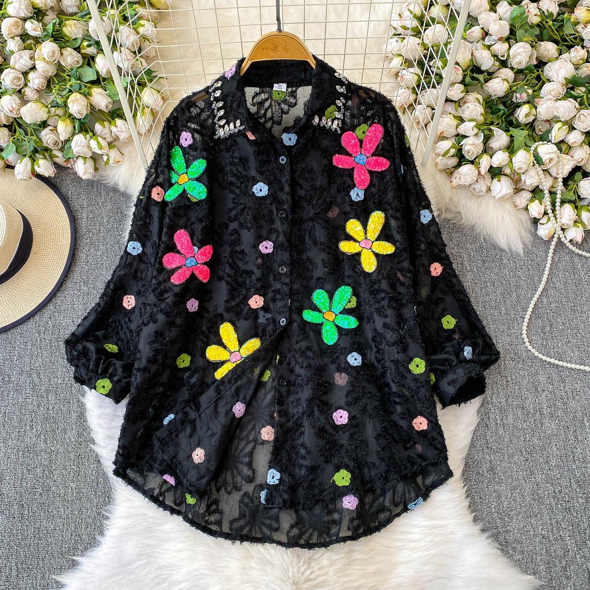 

Премиальная рубашка с лацканами и рукавами-фонариками, украшенная бриллиантовыми пайетками в виде цветов, женская летняя милая, омолаживающая, свободная, с бахромой one size чёрный