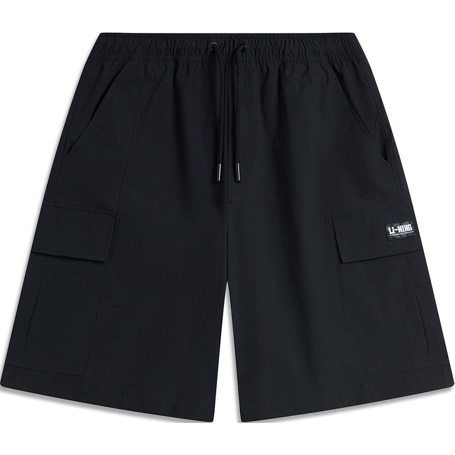 Li Ning Sports Fashion Series Solid Color Mid Waist Drawstring Comfortable Breathable Versatile Straight Leg Casual Shorts Men shorts Black AKSU597-4