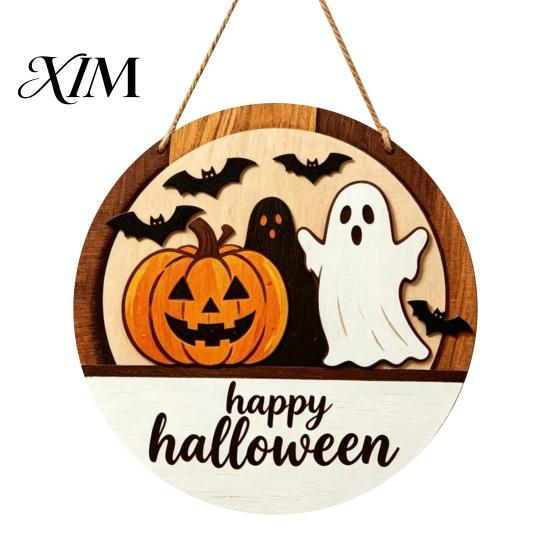 Trick or Treat Hanger Halloween Layered Round Door Hanger, 3D Pumpkin Ghost Owl Wood Welcome Sign, Decorative Festive Ornament Farmhouse Front