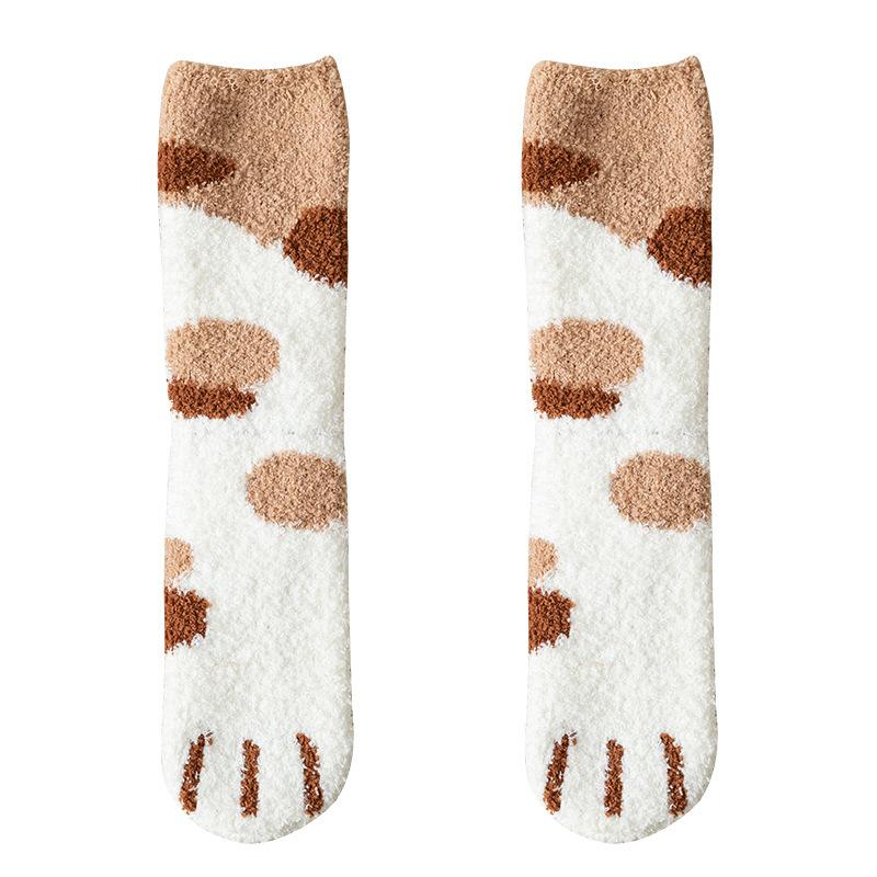 Coral Fleece Socks for Women In Autumn and Winter, Thickened and Fleece Warm Mid-calf Socks, Cute and Sweet Cat Paw Socks, Floor Socks